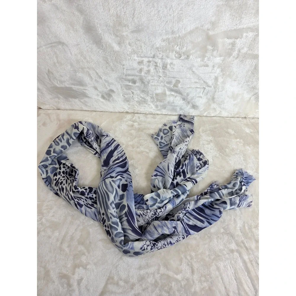 Blue White Animal Print Scarf Leopard Zebra Pattern Lightweight Frayed Edge Wrap